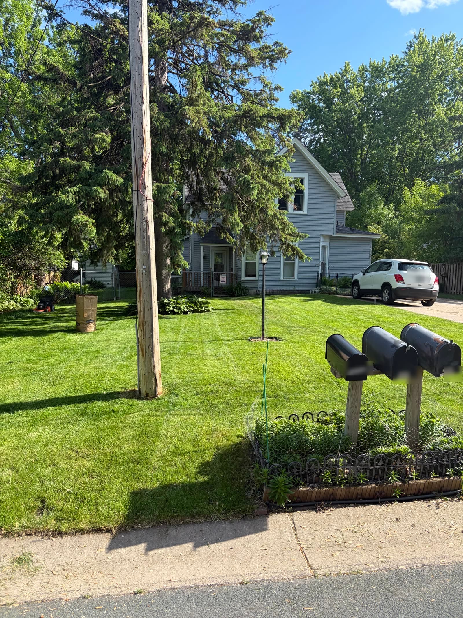 Freshly mowed front yard with driveway, trees, and privacy-blurred mailbox numbers